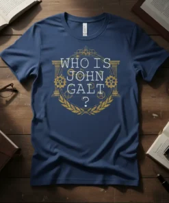 T-shirt with the text "WHO IS JOHN GALT ?" in white lettering, surrounded by golden gears and laurels