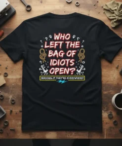 Black t-shirt with white and red text reading "WHO LEFT THE BAG OF IDIOTS OPEN? SERIOUSLY! THEY'RE EVERYWHERE!" and quirky