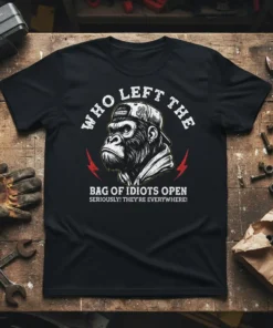 Black t-shirt with white text "WHO LEFT THE BAG OF IDIOTS OPEN SERIOUSLY! THEY'RE EVERYWHERE!" and a graphic of a