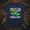 Navy t-shirt with "WHO LET THE FROGS OUT! FROGS OUT!" text and green and blue frog graphics