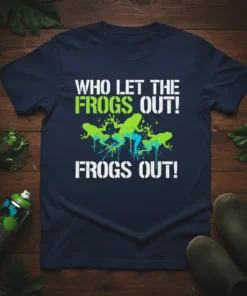 Navy t-shirt with "WHO LET THE FROGS OUT! FROGS OUT!" text and green and blue frog graphics