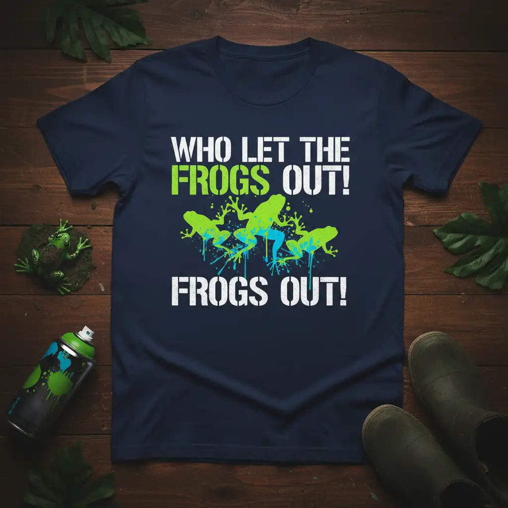 WHO LET THE FROGS OUT! FROGS OUT! text with playful frog graphics on a navy t-shirt