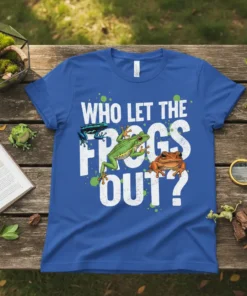 Who Let The Frogs Out? text design with three colorful frogs on a blue t-shirt