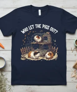 Who Let The Pigs Out? text with cartoon guinea pigs escaping their cage design