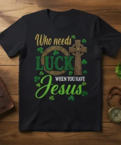 Christian St. Patrick's Day t-shirt with "Who Needs LUCK WHEN YOU HAVE Jesus" text, shamrocks, and Celtic cross graphic