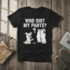 Funny dog pointing at a pile of poop next to soiled pants with text "WHO SHIT MY PANTS?"