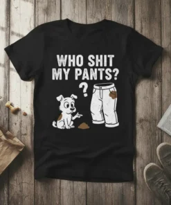 Funny dog pointing at a pile of poop next to soiled pants with text "WHO SHIT MY PANTS?"