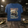 WHO Tooted steam train design on a blue t-shirt, featuring vintage typography and a detailed locomotive graphic
