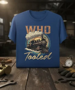 WHO Tooted steam train design on a blue t-shirt, featuring vintage typography and a detailed locomotive graphic