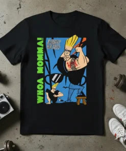 Whoa Momma Johnny Bravo creative graphic design printed on comfortable cotton t-shirt