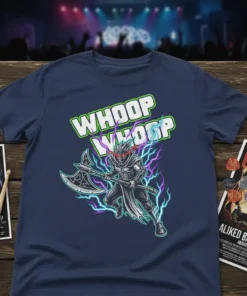 Whoop Whoop text design with a fierce warrior holding an axe, surrounded by lightning bolts