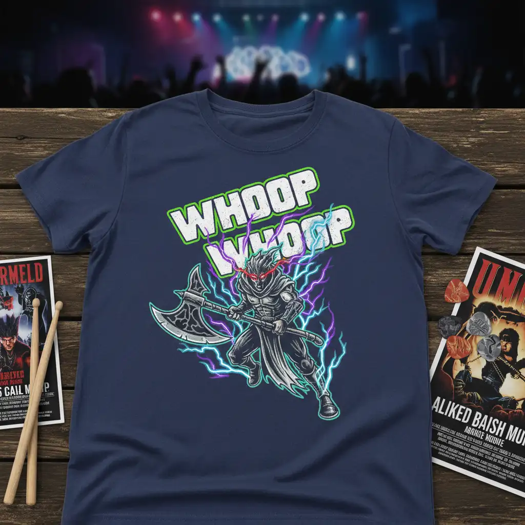 WHOOP WHOOP text design featuring a powerful warrior with an axe and electric lightning effects