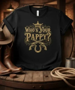 Sheriff badge and crossed guns design with "Who's Your Pappy?" text, perfect for cowboy and dad gifts