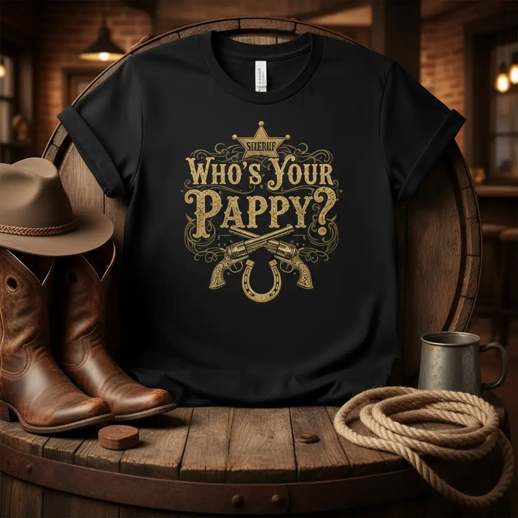 Who's Your Pappy? sheriff quote with crossed guns and horseshoe graphic on a Western-themed t-shirt