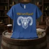 Who's an old goat? quote with a detailed ram illustration on a blue t-shirt