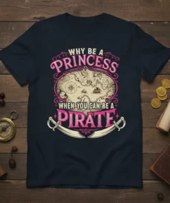 Why Be A Princess When You Can Be A Pirate T-Shirt with vintage map and crossed swords graphic