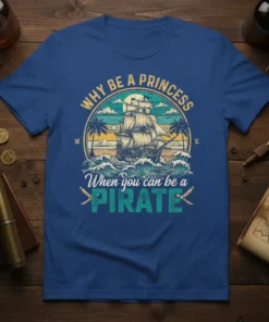 Why Be A Princess When You Can Be A Pirate quote on a blue t-shirt with a pirate ship graphic