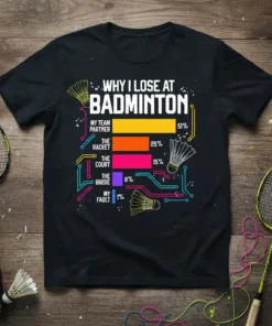 T-shirt with "Why I Lose At Badminton" text and a chart showing reasons like "My Team Partner" and "The Racket"