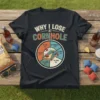 Black t-shirt design with "Why I Lose At Cornhole" text and a humorous pie chart illustrating game excuses like "My