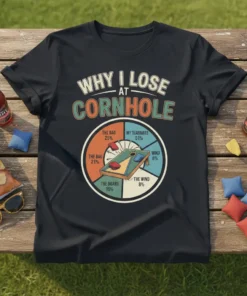 Black t-shirt design with "Why I Lose At Cornhole" text and a humorous pie chart illustrating game excuses like "My
