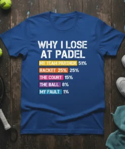 Padel shirt with text "Why I Lose At Padel" and a percentage breakdown of excuses like "My Team Partner 51%"