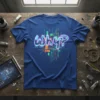 Blue t-shirt with "Why?" text in neon outline over a futuristic circuit board graphic