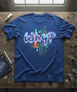 Blue t-shirt with "Why?" text in neon outline over a futuristic circuit board graphic