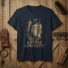 Dark navy t-shirt with a watercolor-style horse portrait and the text "Why The Long Face?" in gold distressed font