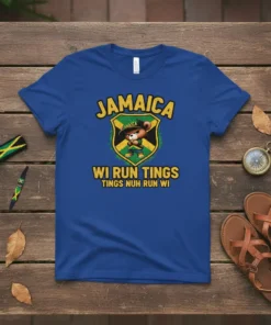 Jamaica Wi Run Tings Tings Nuh Run Wi t-shirt with a shield graphic and a teddy bear wearing a hat