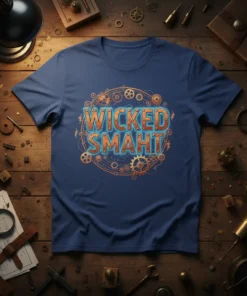 Wicked Smaht t-shirt with steampunk gears and neon blue accents, featuring bold orange text