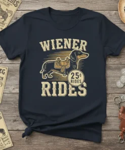 Wiener Rides 25 Cent Dachshund T-Shirt with retro graphic design and text