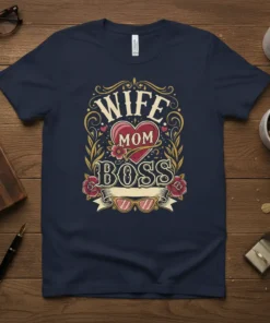 Wife Mom Boss t-shirt with bold text, heart graphic, and sunglasses. Design celebrates empowered women