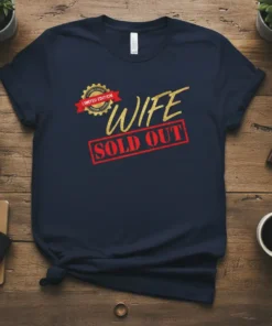 Wife Sold Out Edition funny t-shirt with gold glitter text and red stamp graphic