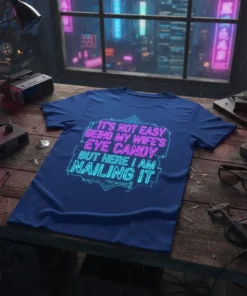 T-shirt with the quote "IT'S NOT EASY BEING MY WIFE'S EYE CANDY BUT HERE I AM NAILING IT" in neon