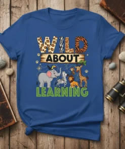 Wild About Learning t-shirt design with cartoon elephant, zebra, lion, giraffe, monkey, and toucan, featuring leopard, giraffe, and tiger print