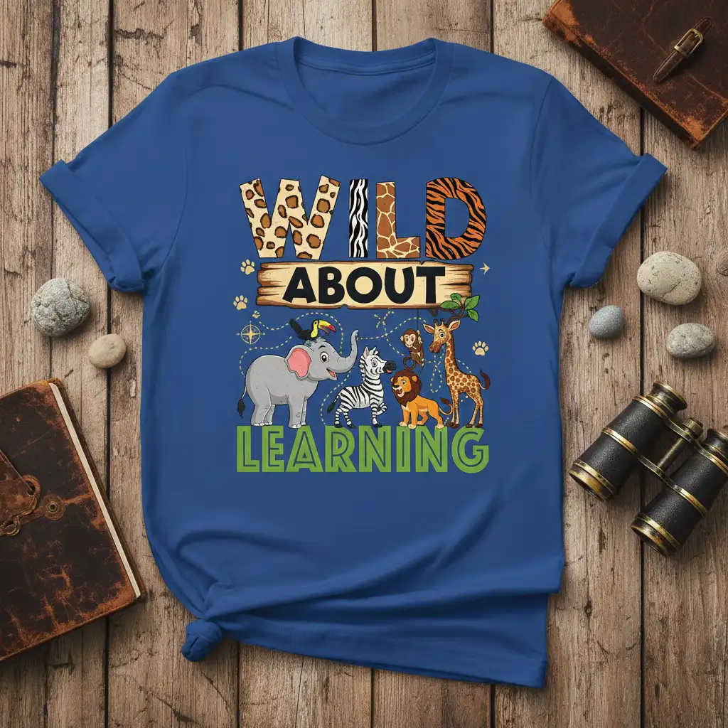 Wild About Learning text with safari animals graphic on a blue t-shirt, ideal for educators