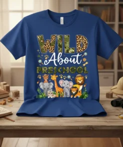WILD About PRESCHOOL t-shirt with jungle animals and leopard print letters