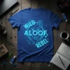 Wild Aloof Rebel graphic t-shirt featuring a stylized wolf head with neon blue text and splatter accents