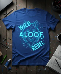 Wild Aloof Rebel graphic t-shirt featuring a stylized wolf head with neon blue text and splatter accents