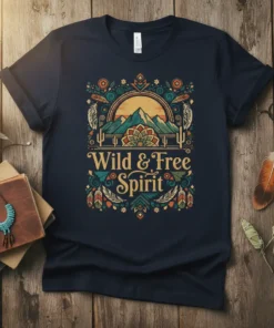 Navy t-shirt featuring the "Wild & Free Spirit" quote with a boho mountain landscape design, feathers, and cacti