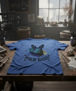 Wild Hare t-shirt design featuring a detailed rabbit illustration surrounded by colorful paint splatters and paw prints