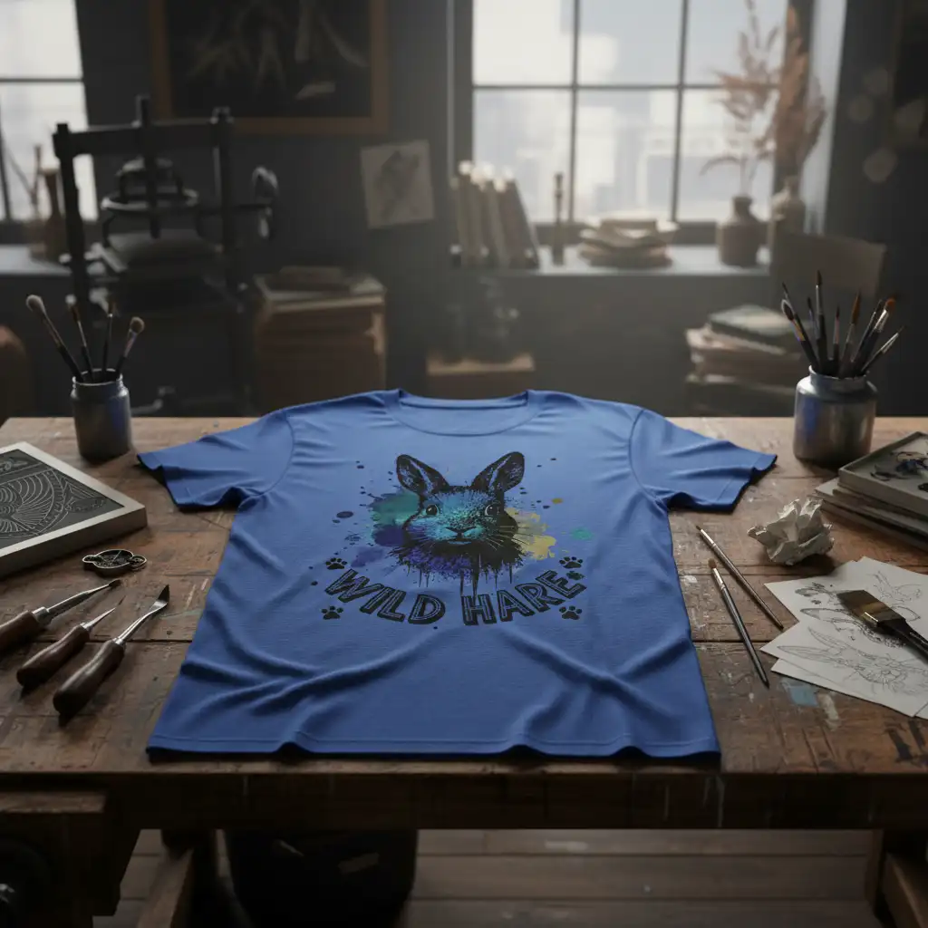 Wild Hare graphic t-shirt design with colorful paint splatters and paw prints, perfect for nature lovers