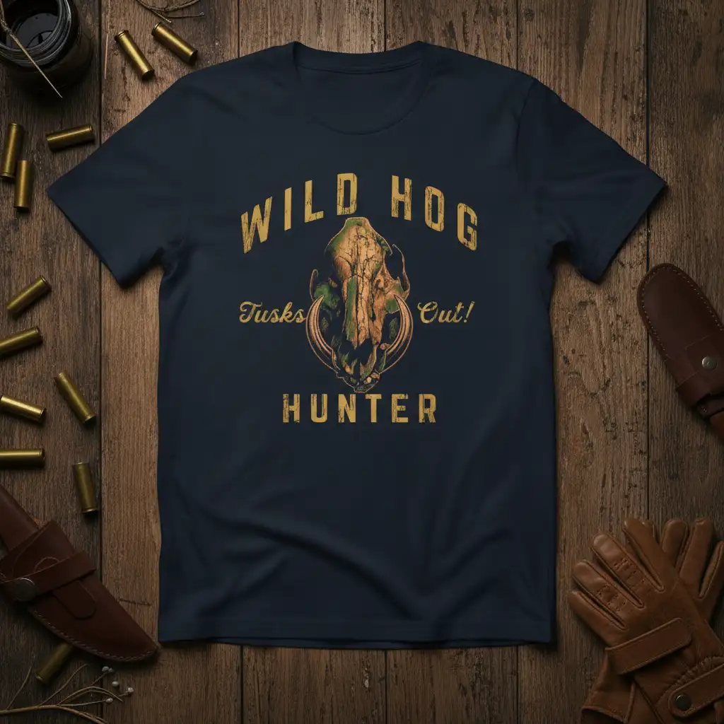 Wild Hog Hunter Tusks Cut graphic tee featuring a distressed hog skull and vintage text for hunters