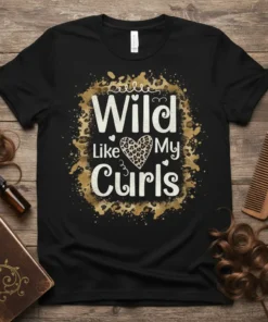 Wild Like My Curls t-shirt with a leopard print heart graphic and gold splatter background