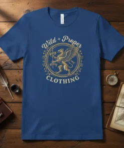 Wild + Proper CLOTHING t-shirt with a vintage griffin emblem and ornate circular design in gold