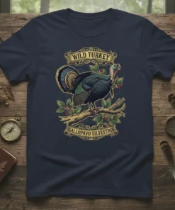 Wild Turkey Gallopavo Silvestris design with a detailed turkey illustration on a branch, featuring rustic typography