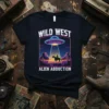 Wild West Alien Abduction t-shirt design showing a cowboy on a horse being abducted by a UFO in a neon
