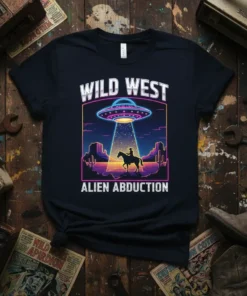 Wild West Alien Abduction t-shirt design showing a cowboy on a horse being abducted by a UFO in a neon