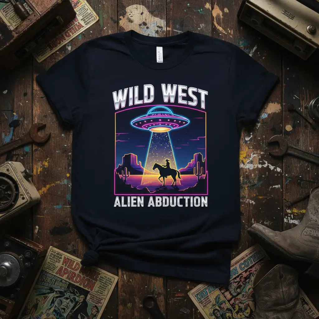 Wild West Alien Abduction t-shirt with neon desert scene and UFO tractor beam over a cowboy on horseback