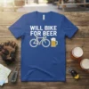 Will Bike For Beer quote with bicycle and beer mug graphic on a royal blue t-shirt